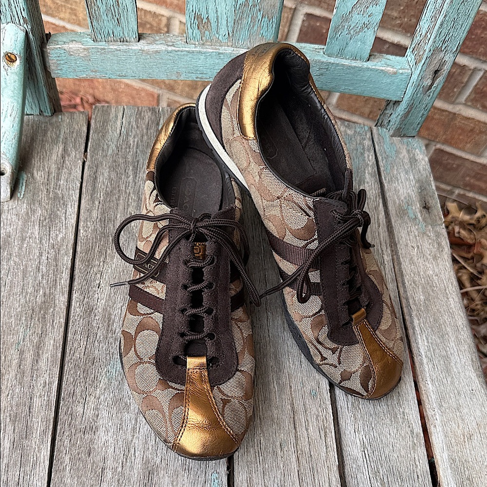 COACH Ladies 9.5 KatelynC Monogram Brown and Gold Lace up Sneakers